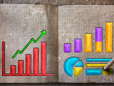 Ancient stone tablets carved with binary code patterns display colorful modern data visualizations including a red bar chart with green upward trending arrow, a blue and yellow pie chart, and purple and orange bar graphs, while a hand holds a chisel tool, symbolizing the timeless art of transforming raw data into meaningful visual narratives.