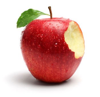 Picture of an apple with a bite taken out of it.
