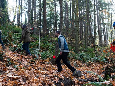 Students walking through forest at UVic